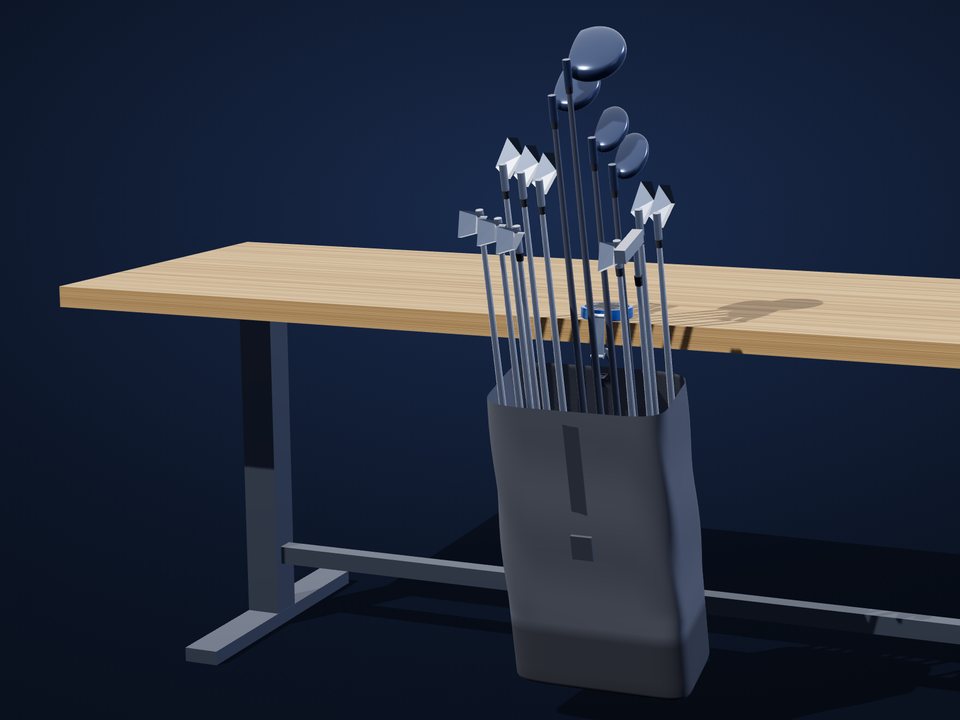 A backpack full of golf clubs hanging from a table edge by a small blue hook. The club heads stand above the table and the pack is clear of the floor.