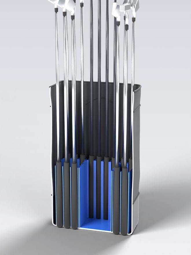 Cut-through of the backpack with clubs heads up. Each grip stands in its own channel in the insert wall.