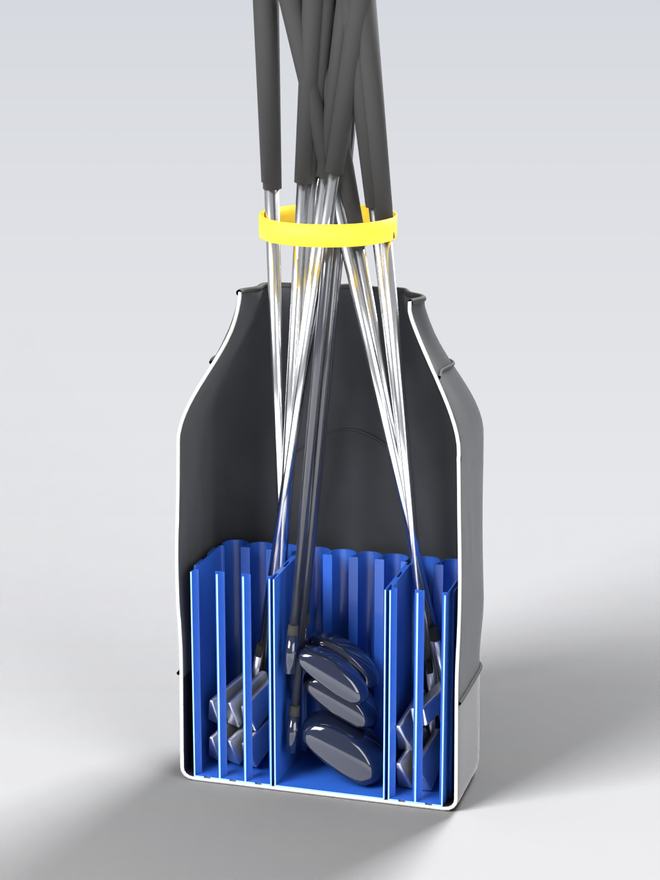 Cut-through of the backpack with clubs heads down. Iron heads sit in the left bay, the driver and woods in the middle bay, wedges in the right bay.